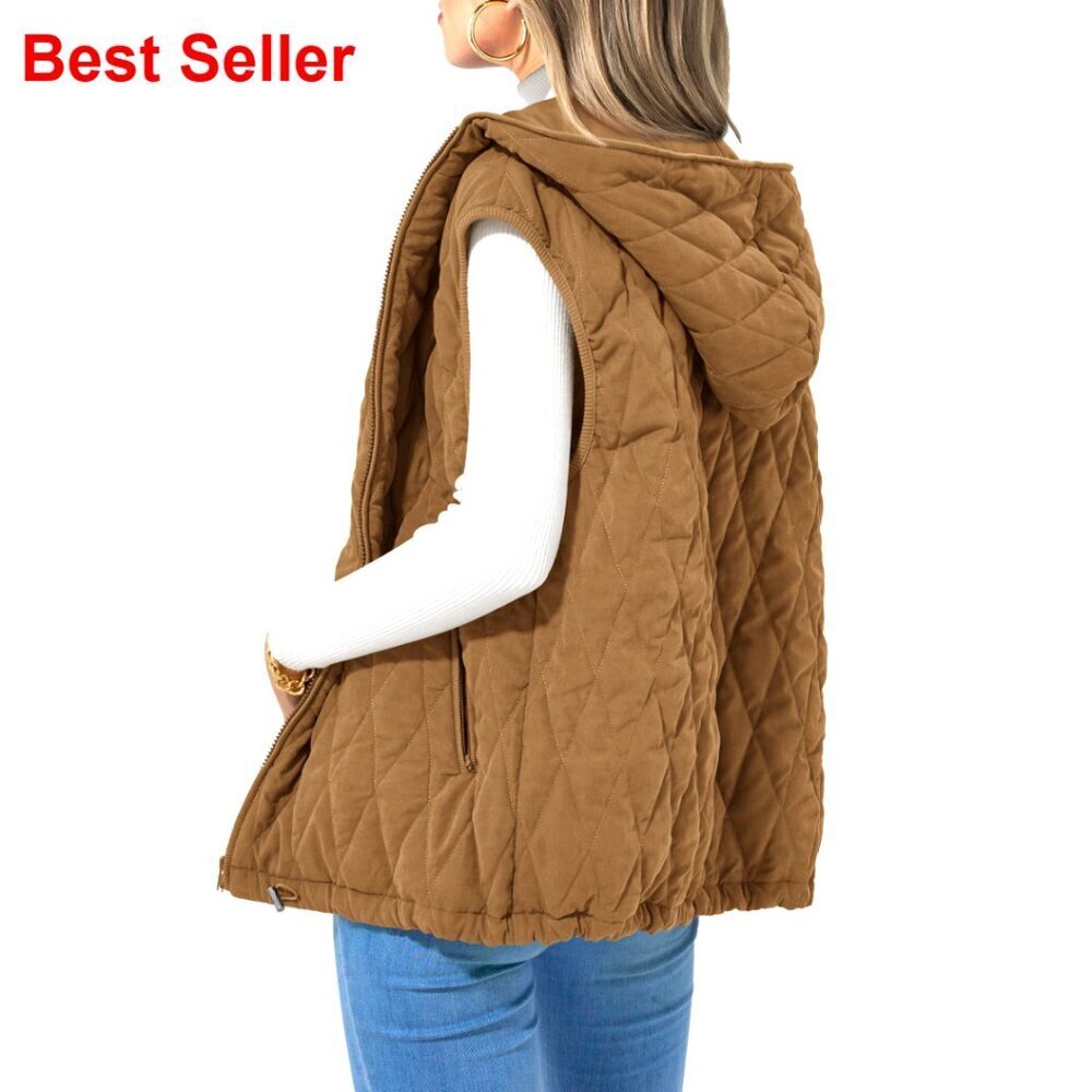 Sleeveless Hooded Puffer Vest, Full Zip Closure, Cotton Padding, Oversized Fit